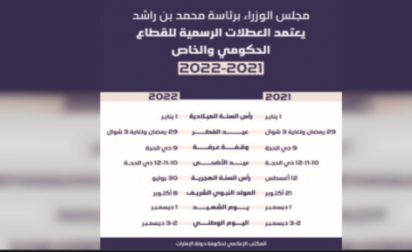 العطلات الرسمية في الامارات 2022